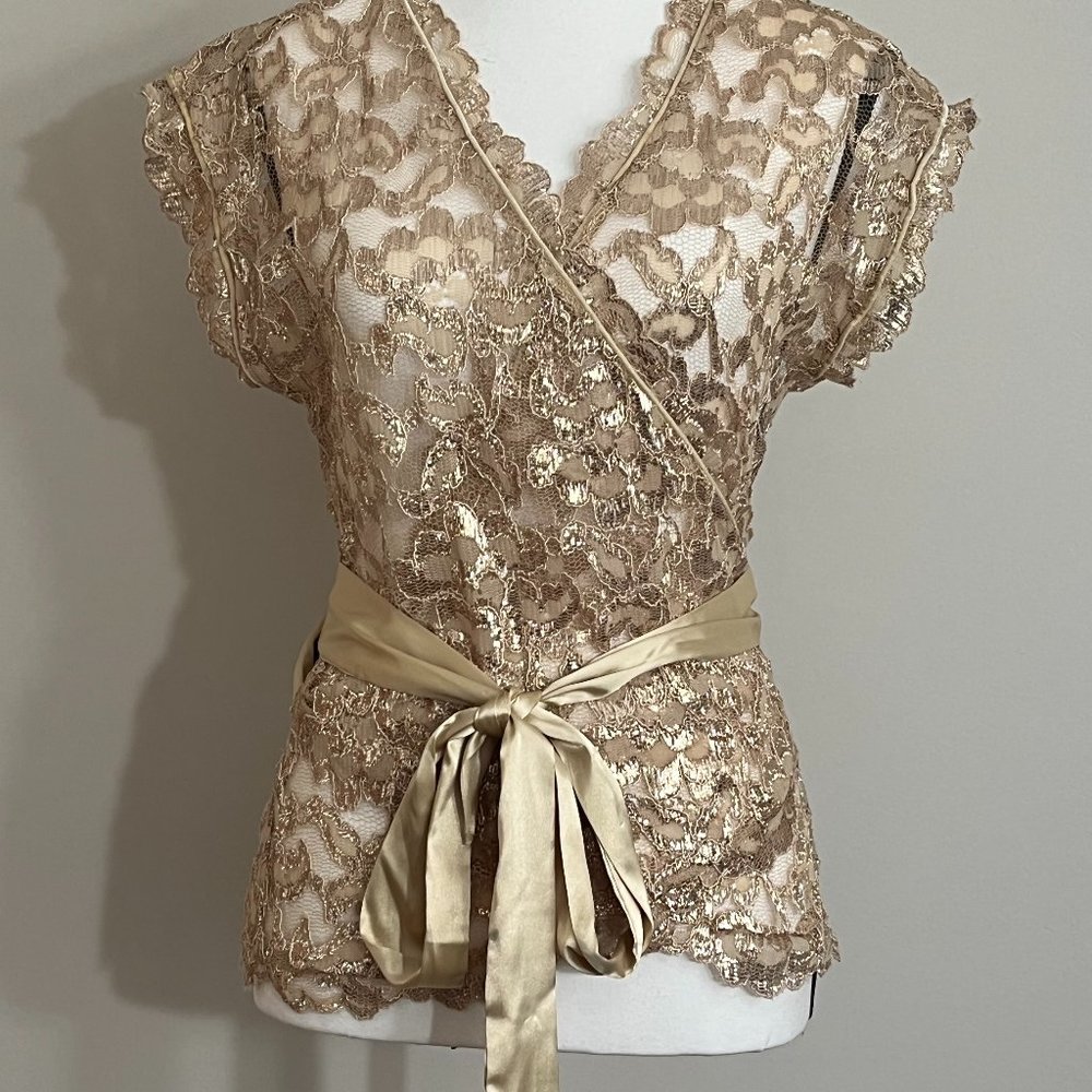 Gold Lace with metallic shimmer wrap blouse/vest size large